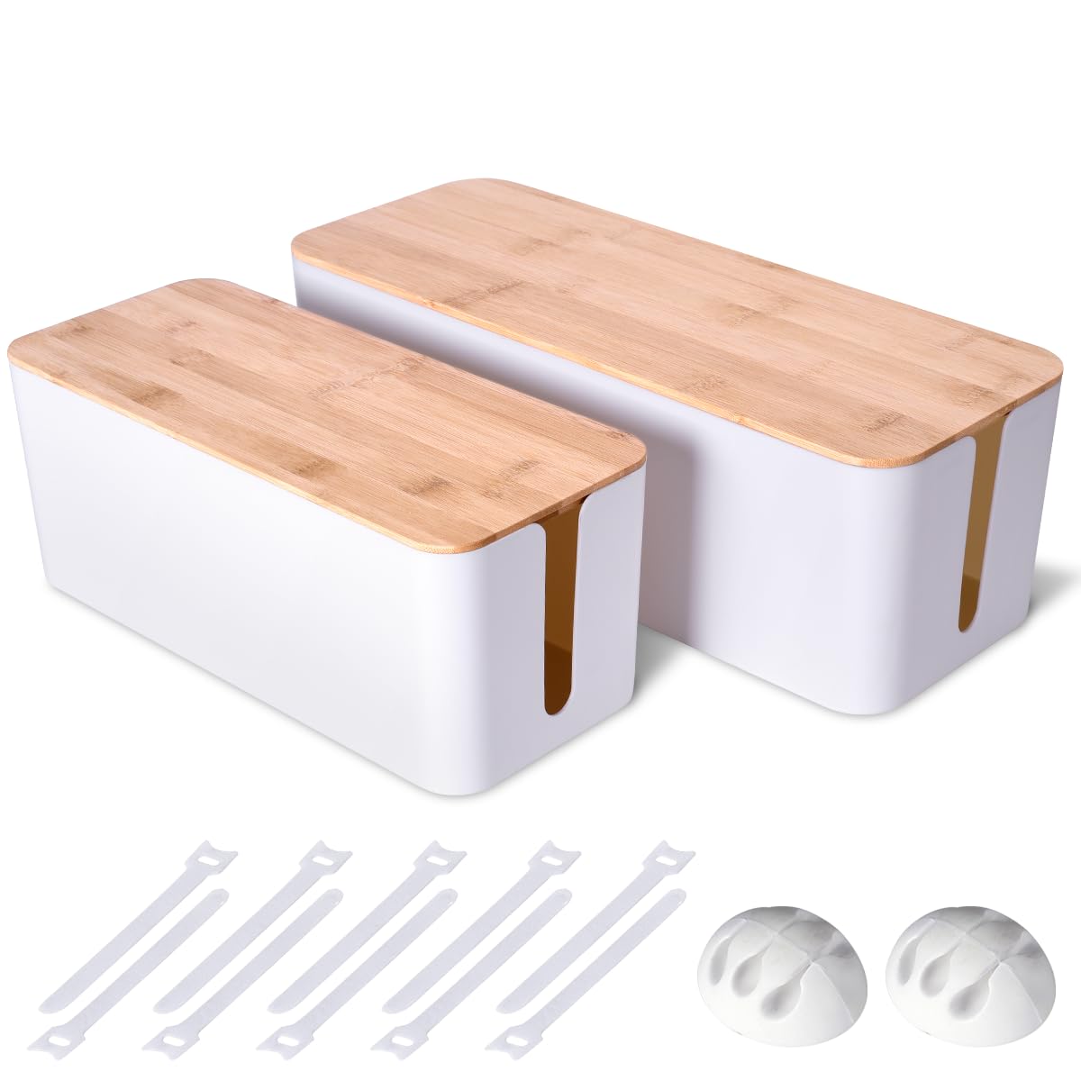 Naeety front view showing two white cable boxes, keeps cords hidden