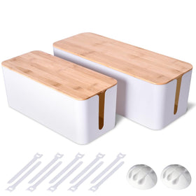 Naeety front view showing two white cable boxes, keeps cords hidden