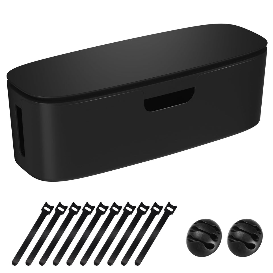 Naeety cable management box hides power strips under desk for a tidy workspace