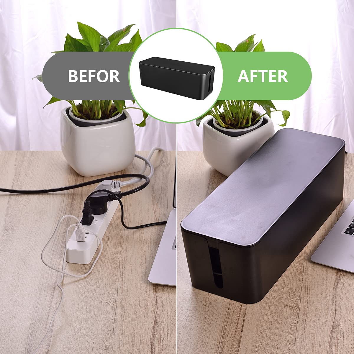 Naeety installed under a desk hiding power strip to improve workspace safety