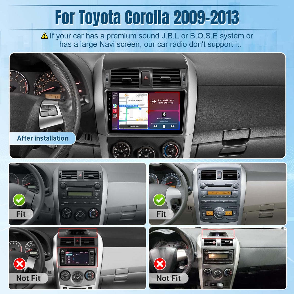Naifay 9-inch display shown on Corolla dashboard for enhanced visibility