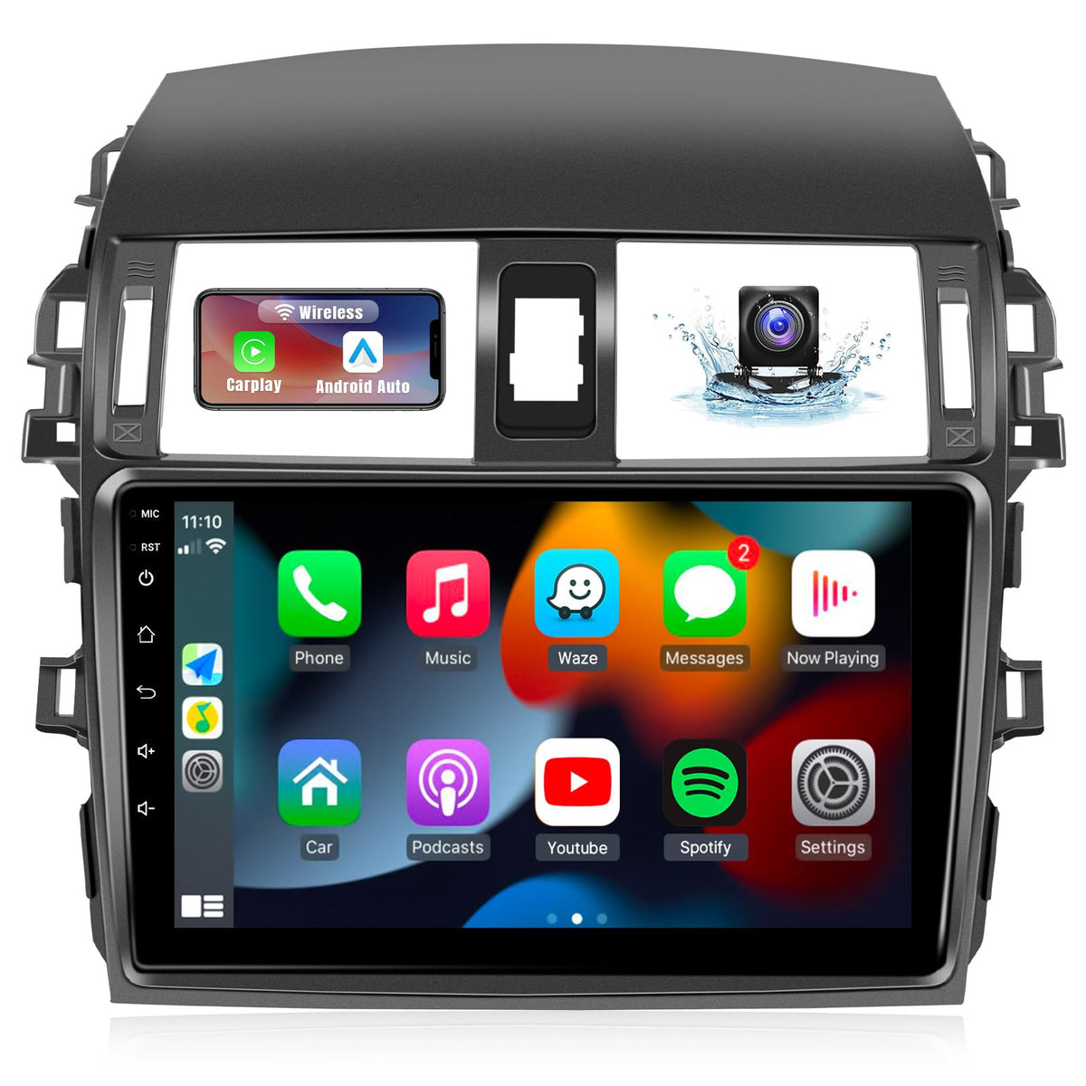 Naifay Android stereo on Corolla front view with 9-inch display and CarPlay