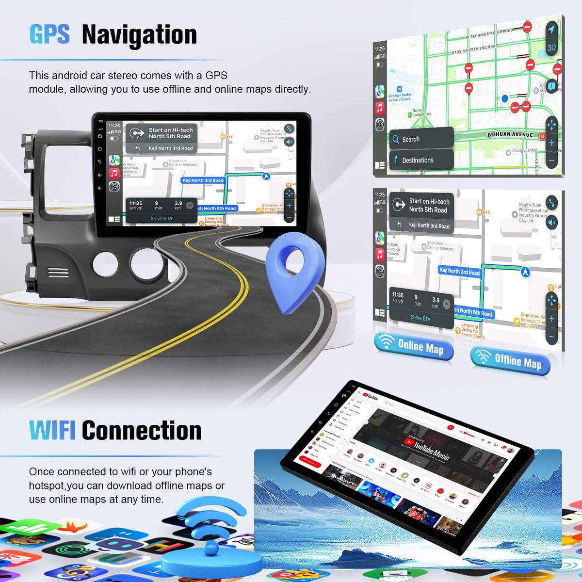 Naifay head unit installed in Civic dashboard, brand enables integrated look and controls