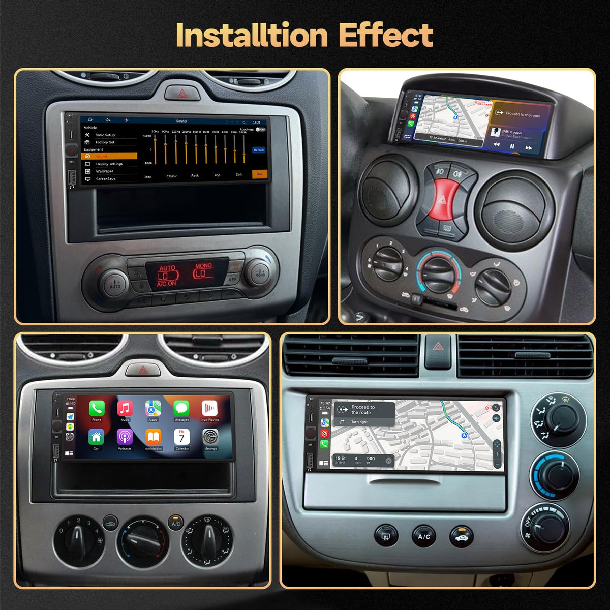 Naifay unit beside tape measure showing single-din size compatibility
