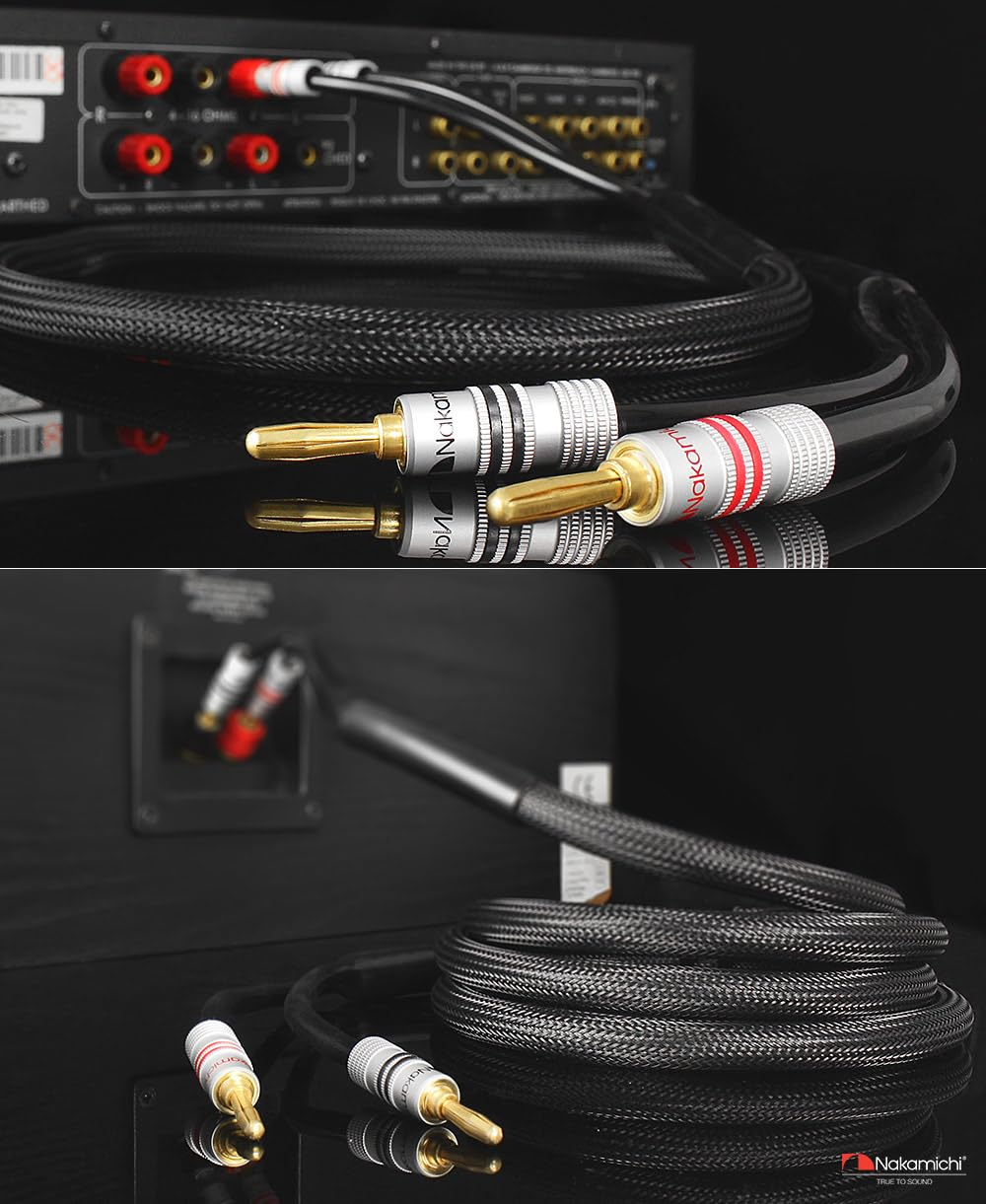 Nakamichi banana plugs connected to AV receiver illustrating quick, secure hookup