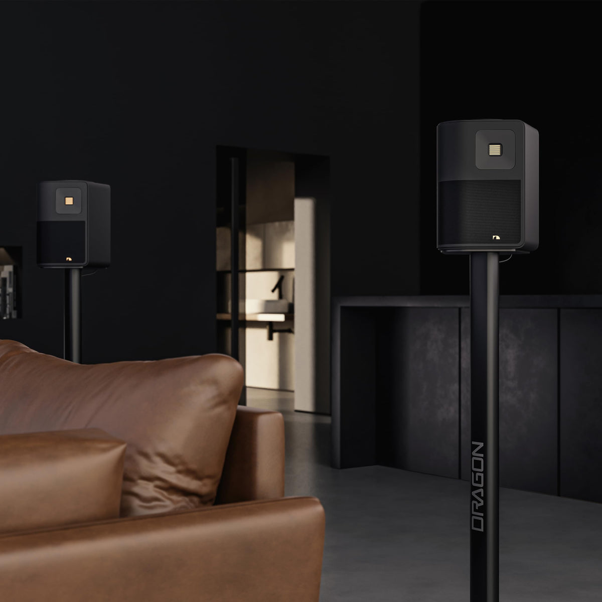 Nakamichi Dragon speaker stands in a living room setup