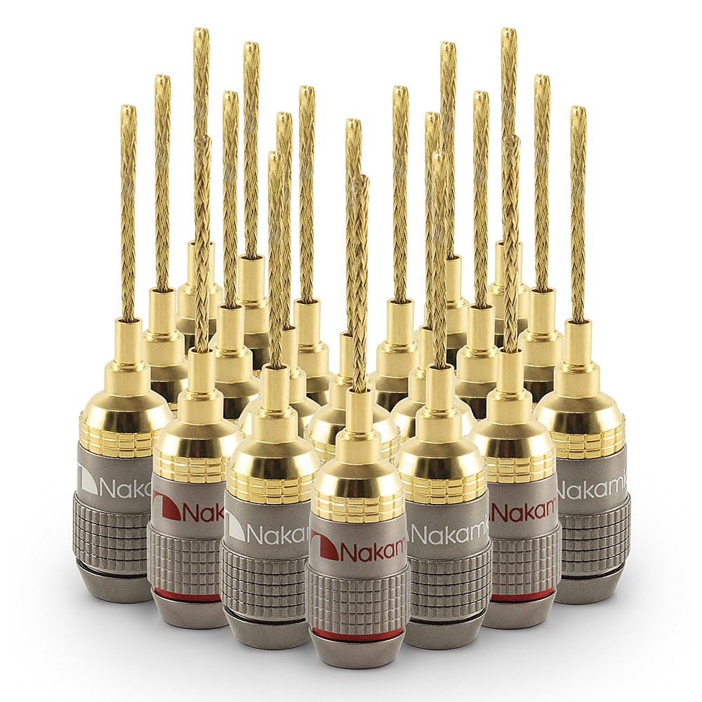 Nakamichi FanLock Excel 24k gold 2mm flex-pin plug ensures secure spring-clip connections.