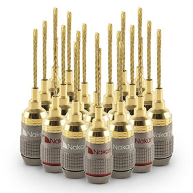 Nakamichi FanLock Excel 24k gold 2mm flex-pin plug ensures secure spring-clip connections.