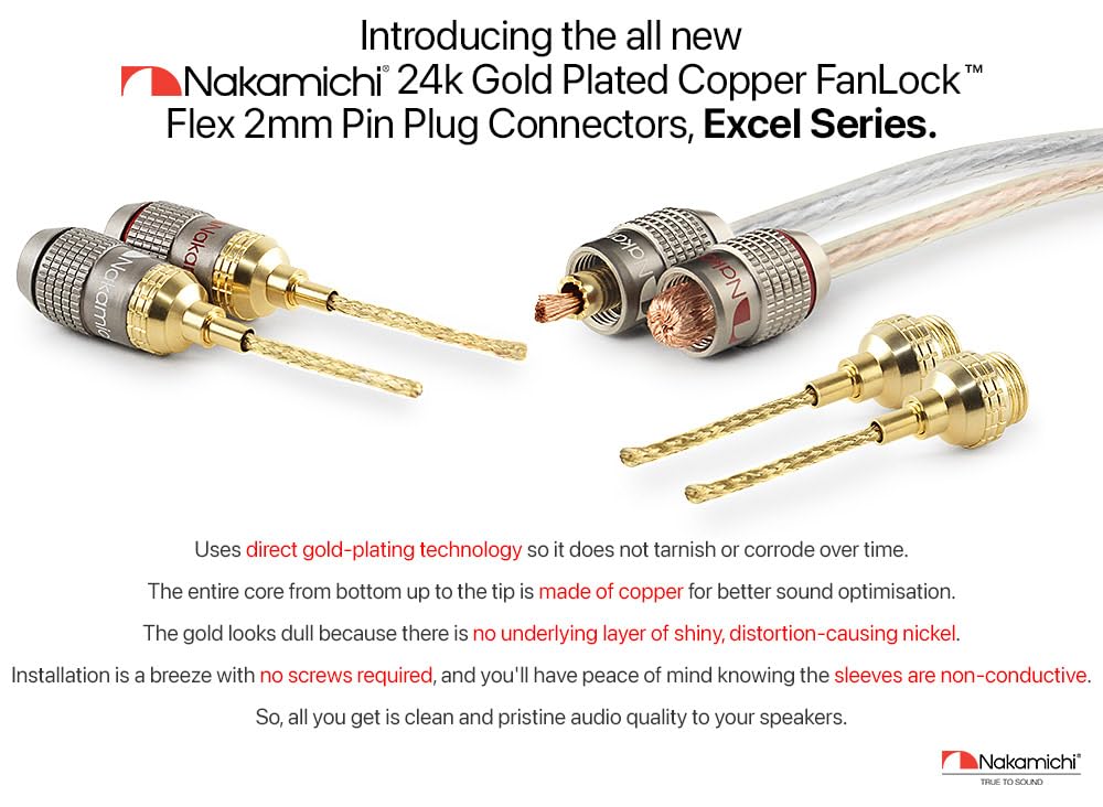 Nakamichi FanLock Excel plug fits spring clip terminals for reliable speaker wire contact.