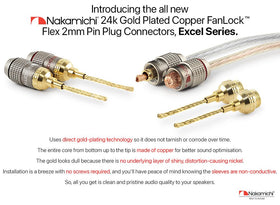 Nakamichi FanLock Excel plug fits spring clip terminals for reliable speaker wire contact.