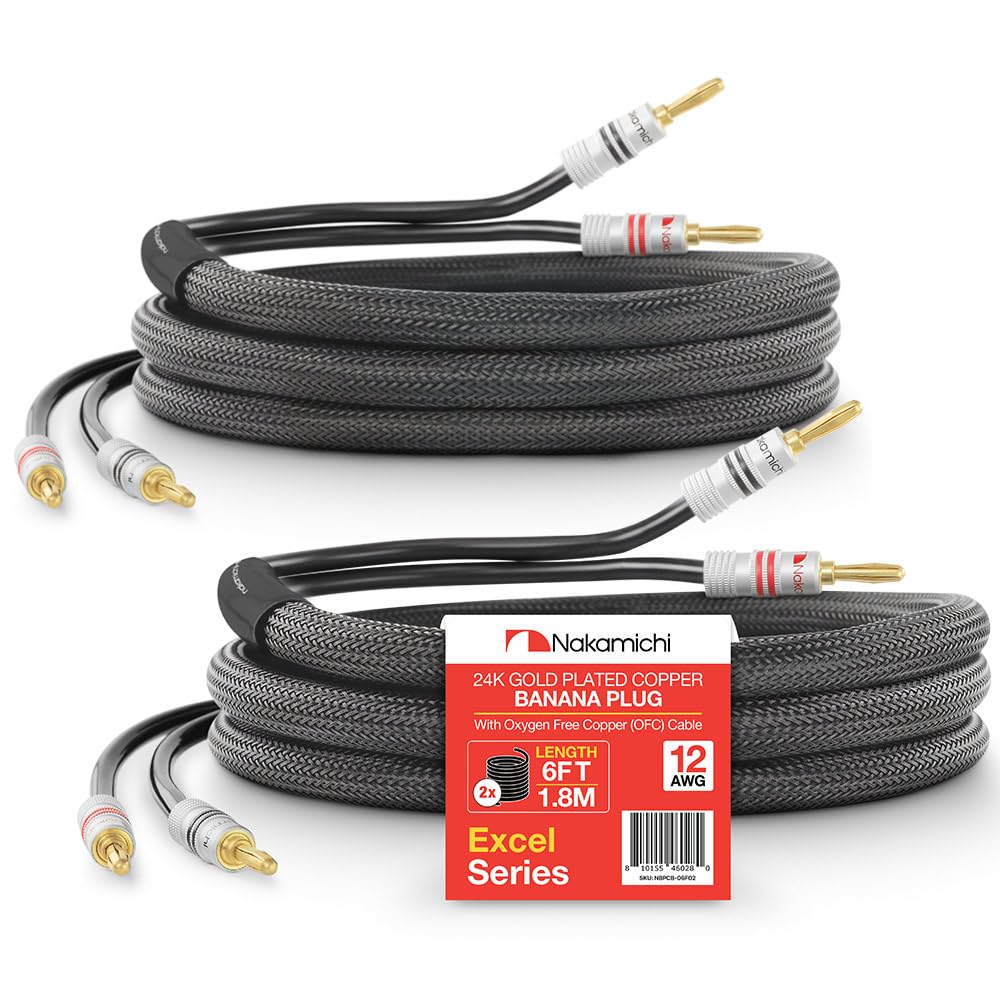 Nakamichi front packaging showing two 6ft OFC cables and gold plugs for reliable connectivity