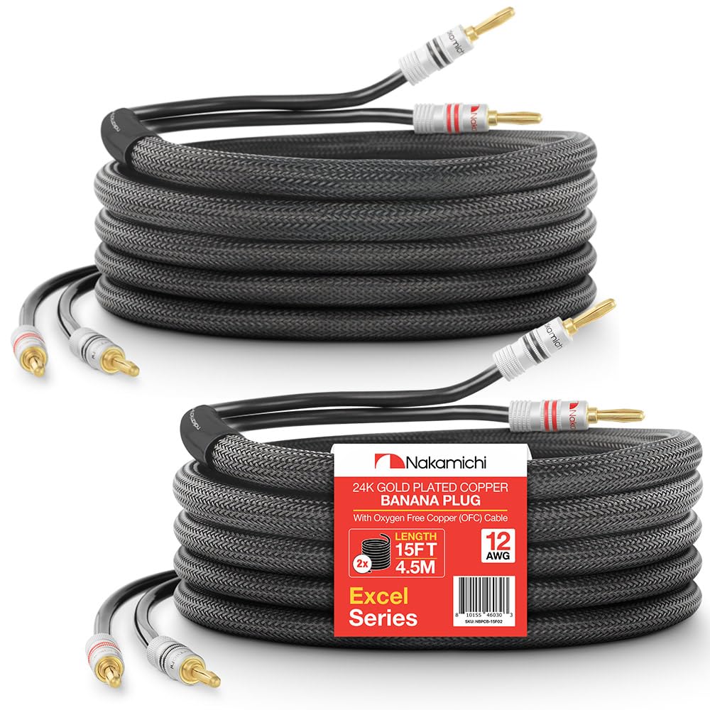 Nakamichi front packaging showing 2-pack 15ft cables and features for easy setup