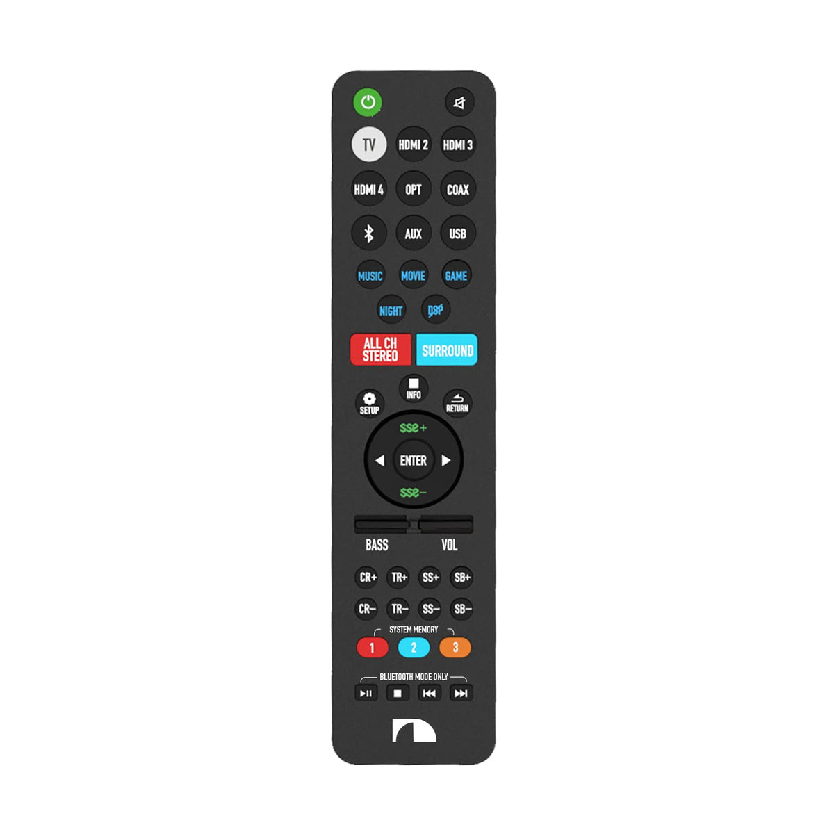 Nakamichi remote front view showing full 43-key layout and branding for accurate replacement