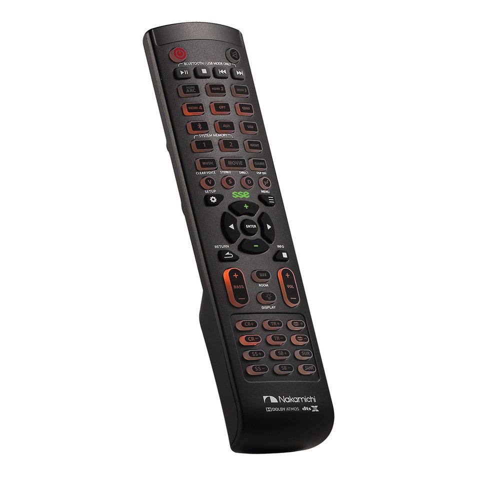 Nakamichi Shockwafe remote with backlit 43-key layout for easy use in dark rooms