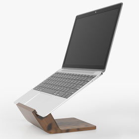 NAMAII walnut stand front view showing stable ergonomic lift and style