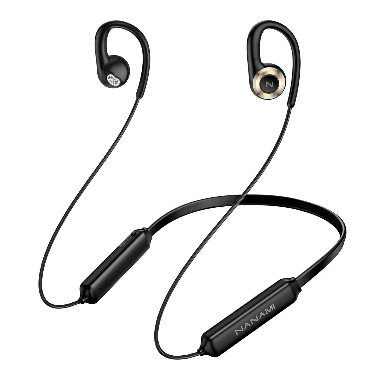 Nanami open-ear headphones showing wireless Bluetooth connectivity and clear sound.
