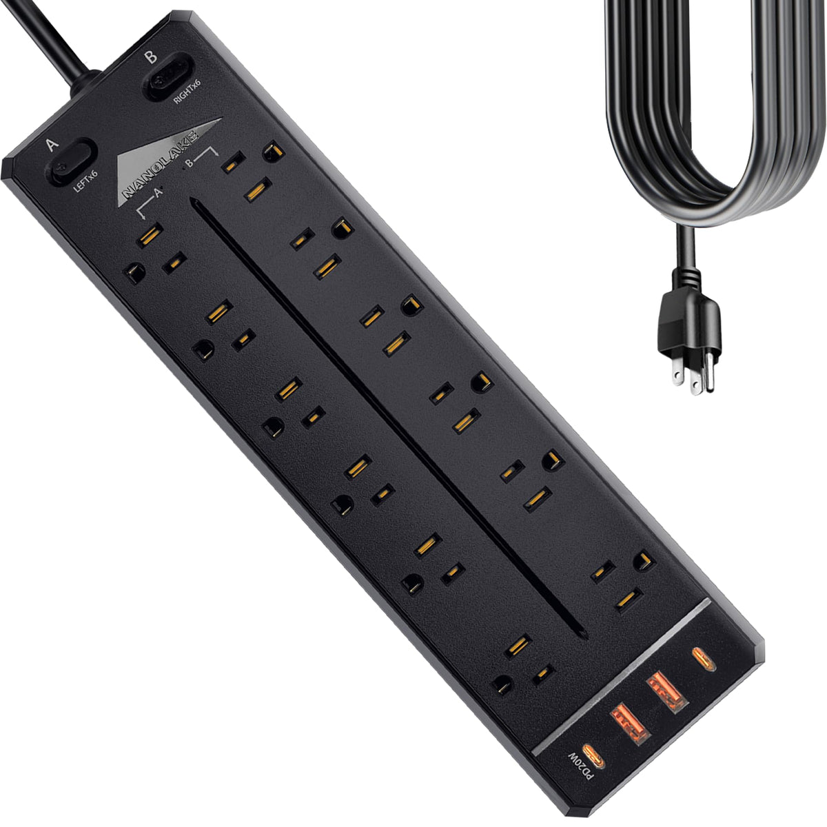 NANOLAKE heavy-duty power strip with 12 outlets for busy office and workshop use.