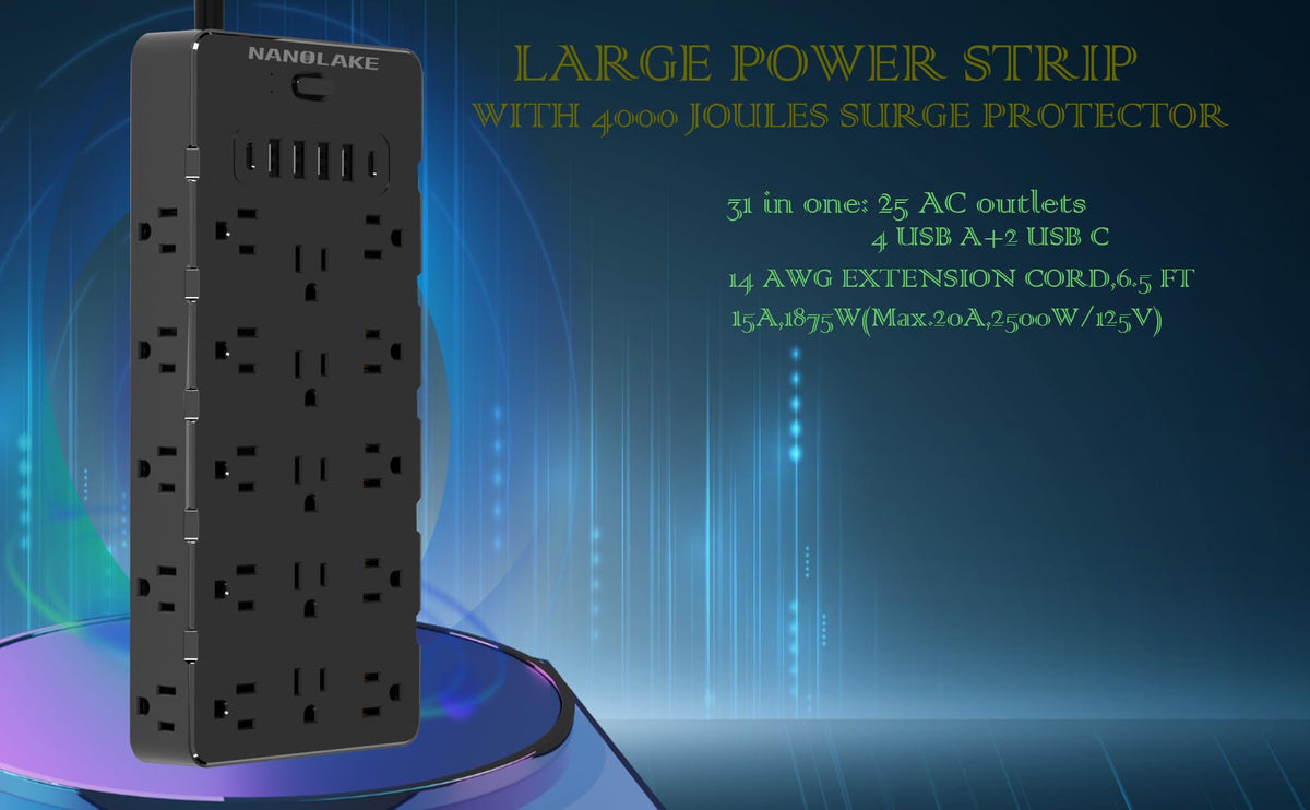 NANOLAKE widely spaced outlets detail preventing blocked plugs and adapters