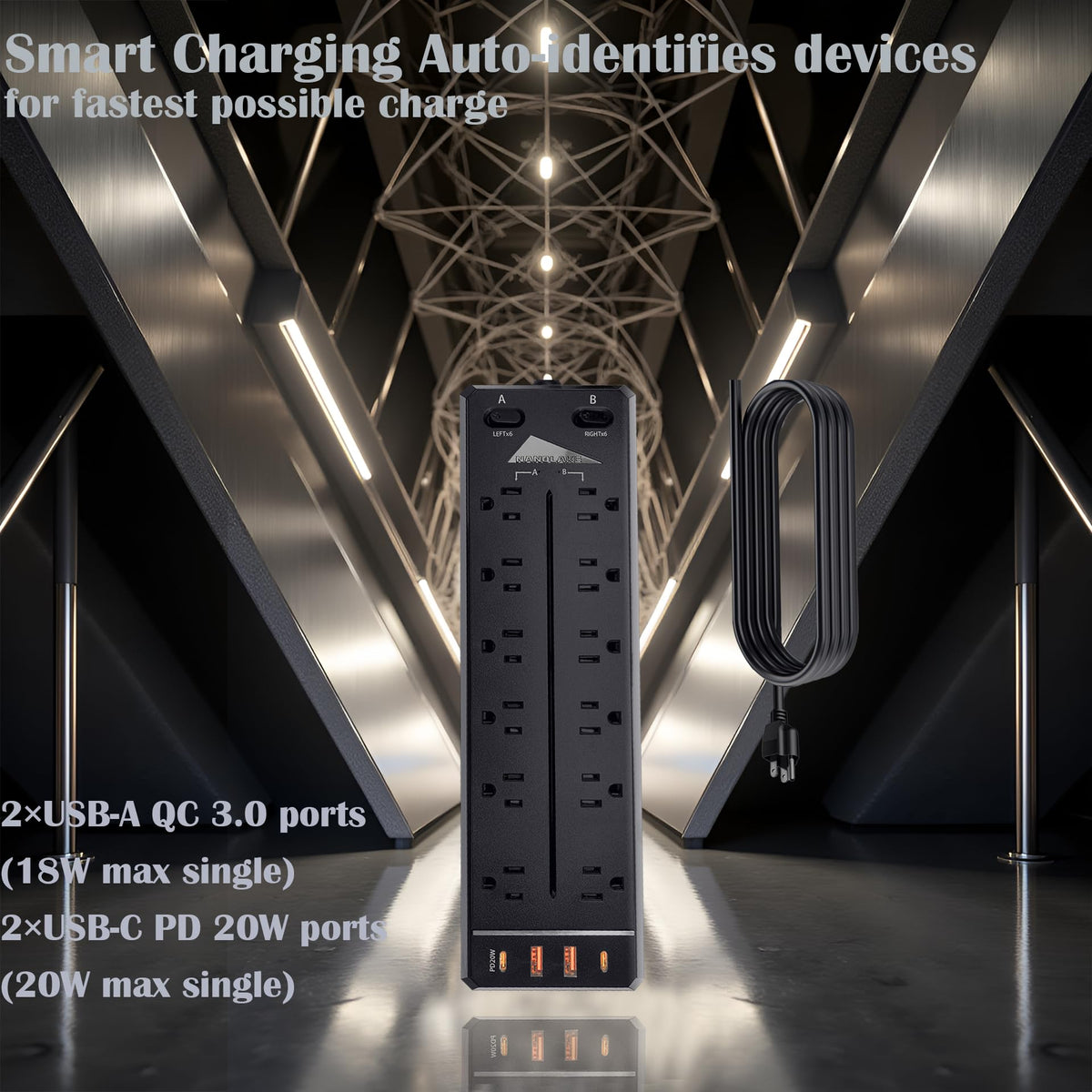 NANOLAKE USB-C PD ports offer up to 20W fast charging for modern devices.