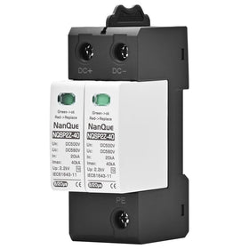 NanQue DC SPD front view highlighting robust surge protection for PV systems.