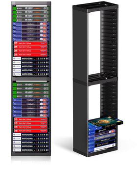 Nargos video game storage stand displays universal compatibility for PS5, PS4, PS3 and Xbox Series.