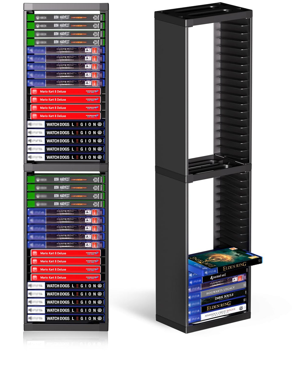Nargos video game storage stand displays universal compatibility for PS5, PS4, PS3 and Xbox Series.
