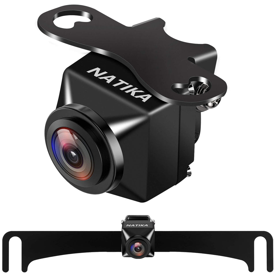 Natika backup camera on license plate with wide view for safe reversing.
