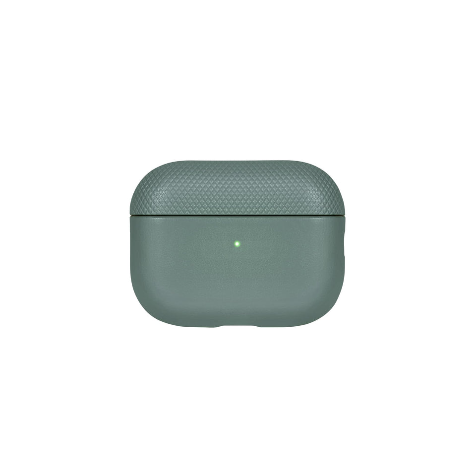 Native Union front view showing Slate Green case protecting AirPods Pro, premium look