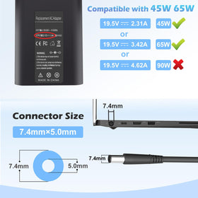 NATNO 65W LA65NS2-01 connector-detail, 7.4×5.0mm plug with Dell Latitude compatibility.