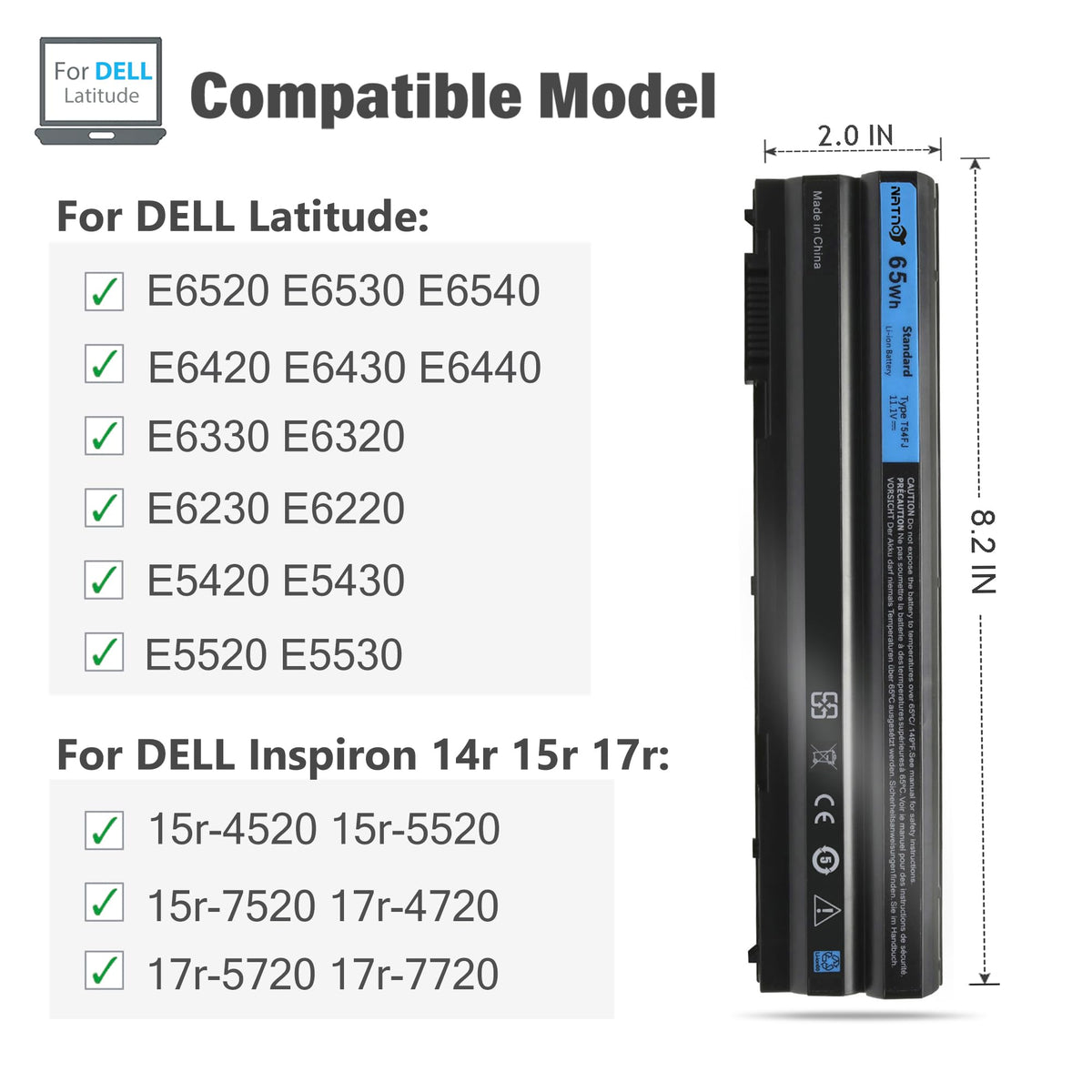 NATNO T54FJ 8858x battery side view for Dell Latitude E6540, reliable daytime power.