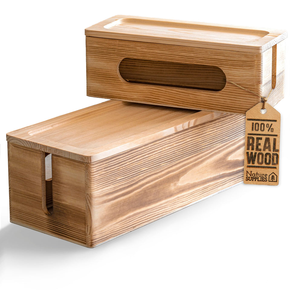 Nature Supplies large wooden cable box under desk hides cords and outlets.