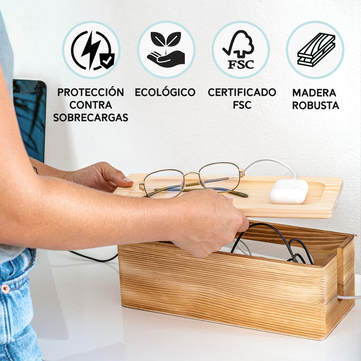Nature Supplies medium wooden cable box on desk keeps cables organized.