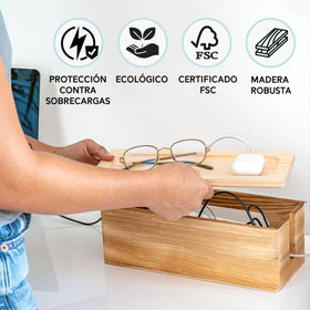 Nature Supplies medium wooden cable box on desk keeps cables organized.