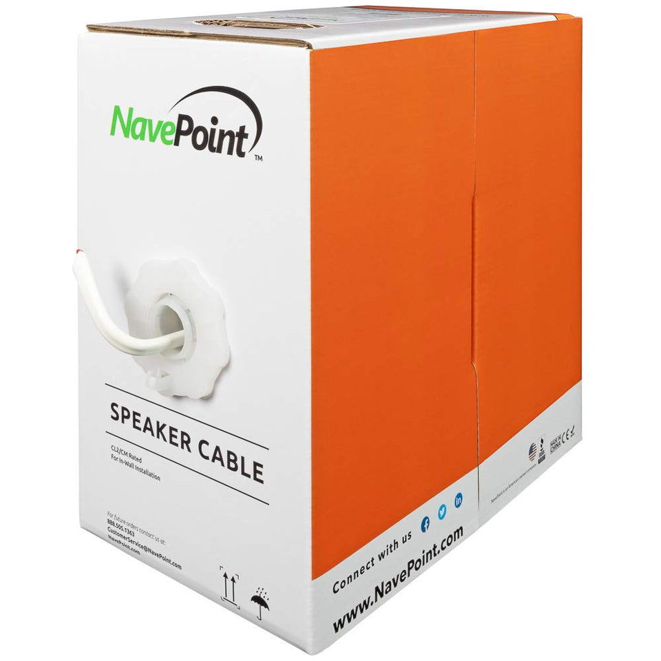 NavePoint 500ft in-wall speaker cable in white, ideal for clean, concealed wiring.