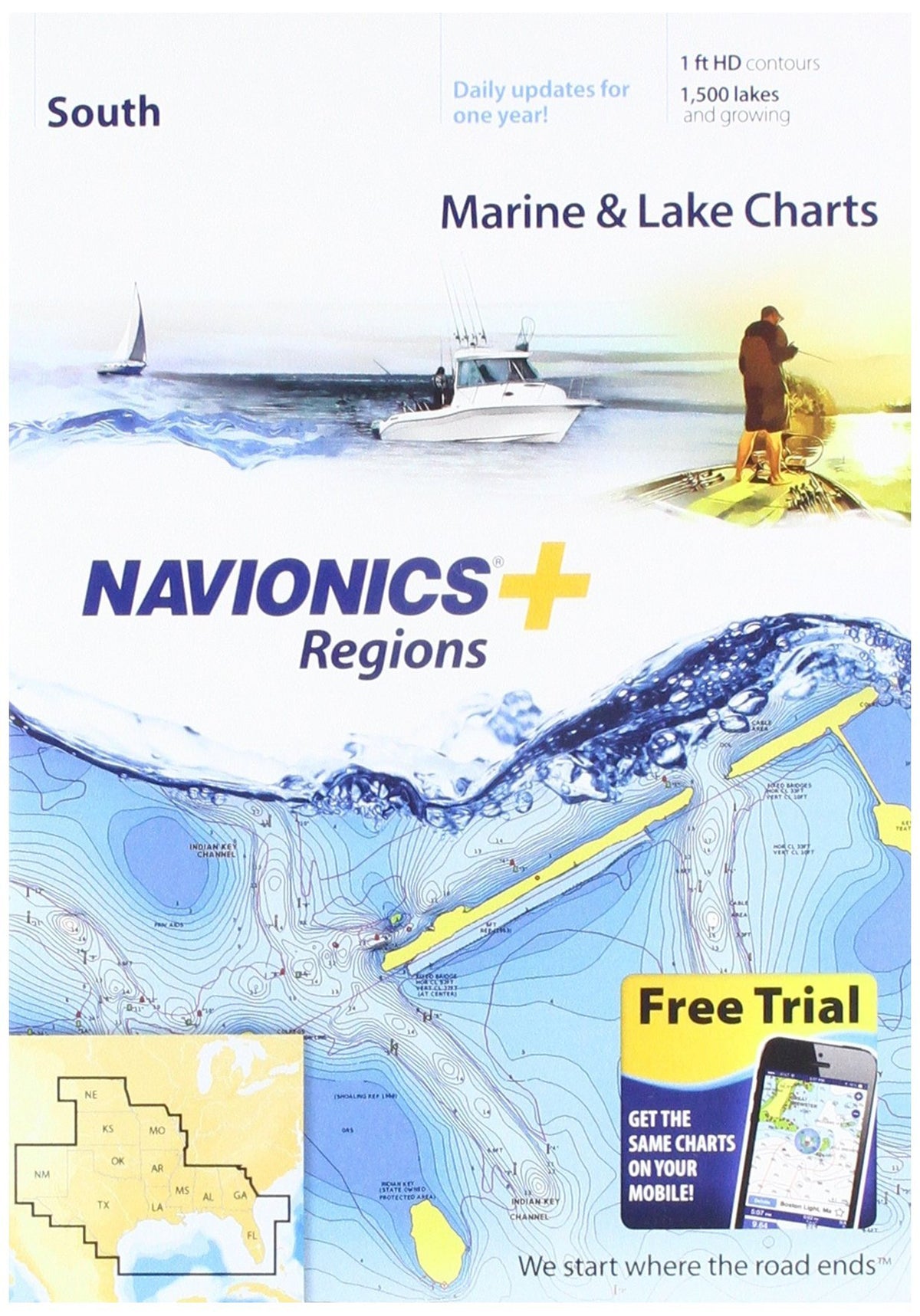 Navionics Plus Regions South charts on SD/MSD improve navigation and fishing planning.