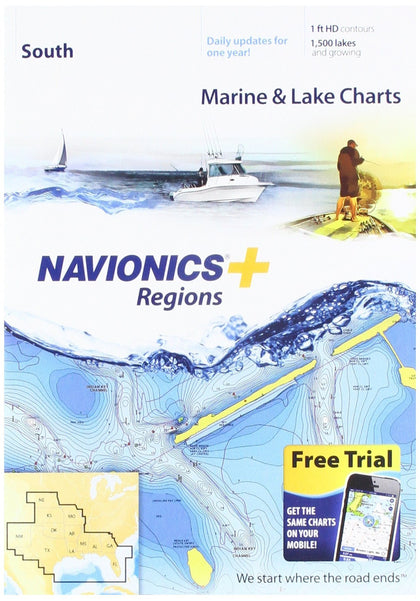 Navionics Plus Regions South charts on SD/MSD improve navigation and fishing planning.