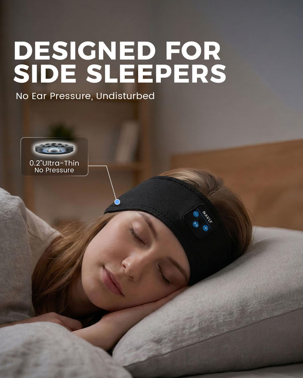 Navly close-up of ultra-thin speaker detail for low-profile comfort