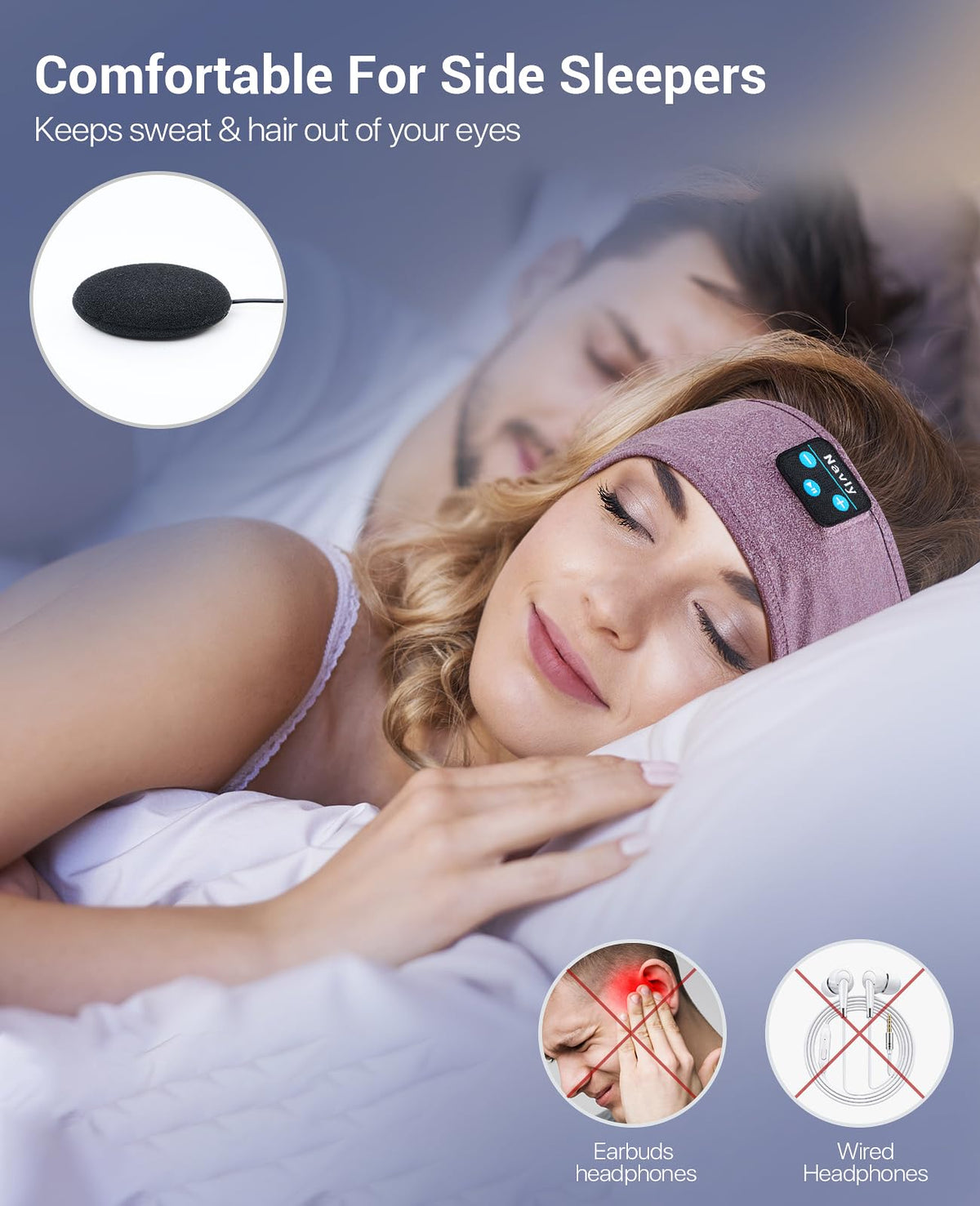Person sleeping wearing Navly headband for restful, tangle-free listening