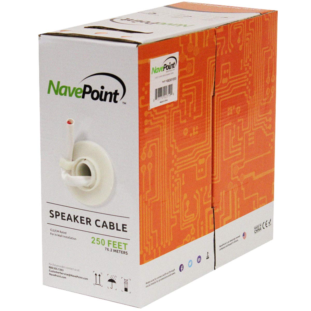 NavePoint 250ft CL2 16/2 white speaker cable, ideal for clean home theater wiring.