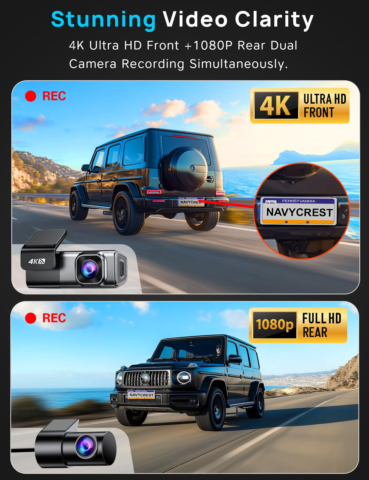 navycrest rear camera mounted on rear glass providing full back coverage