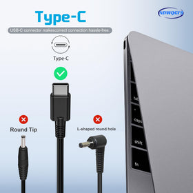 NDWQGFS 65W USB-C charger in use powering a Surface Pro at a desk