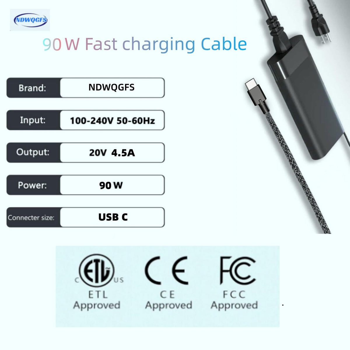 NDWQGFS 90W USB-C charger side profile showing slim, travel-friendly design.