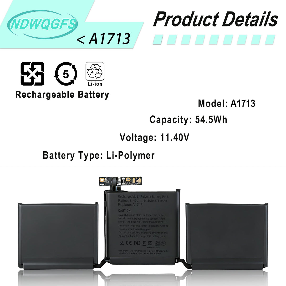 NDWQGFS battery top label closeup showing specs for easy model verification