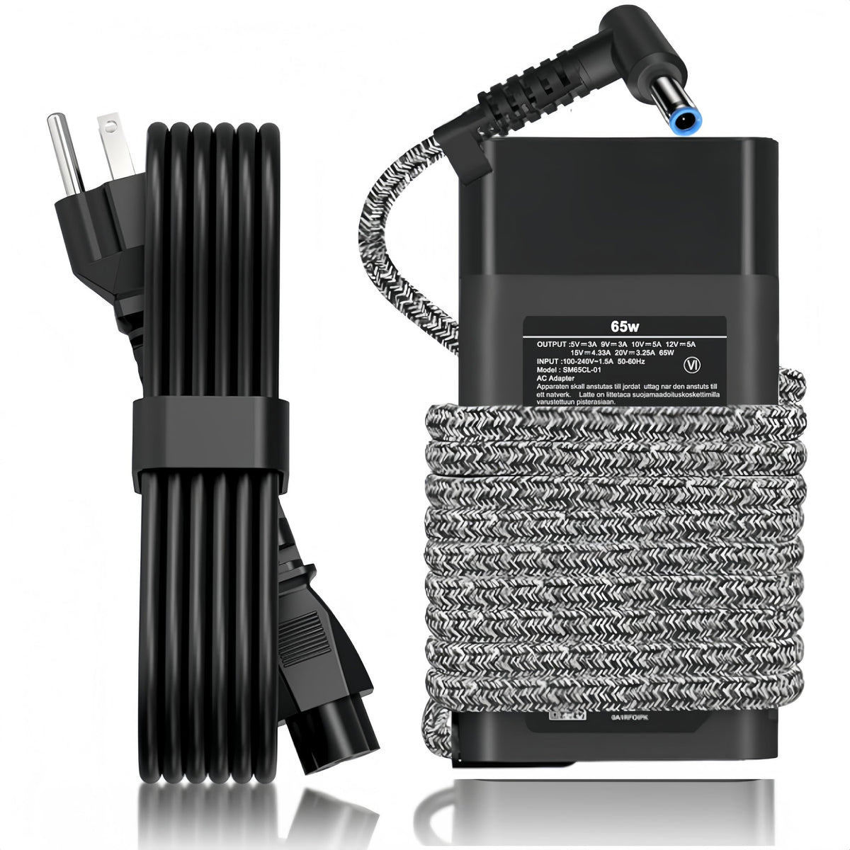 NDWQGFS blue-tip 65W charger powers HP laptops on the go.