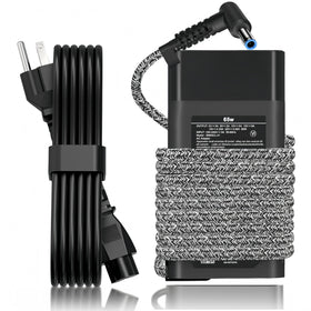 NDWQGFS blue-tip 65W charger powers HP laptops on the go.