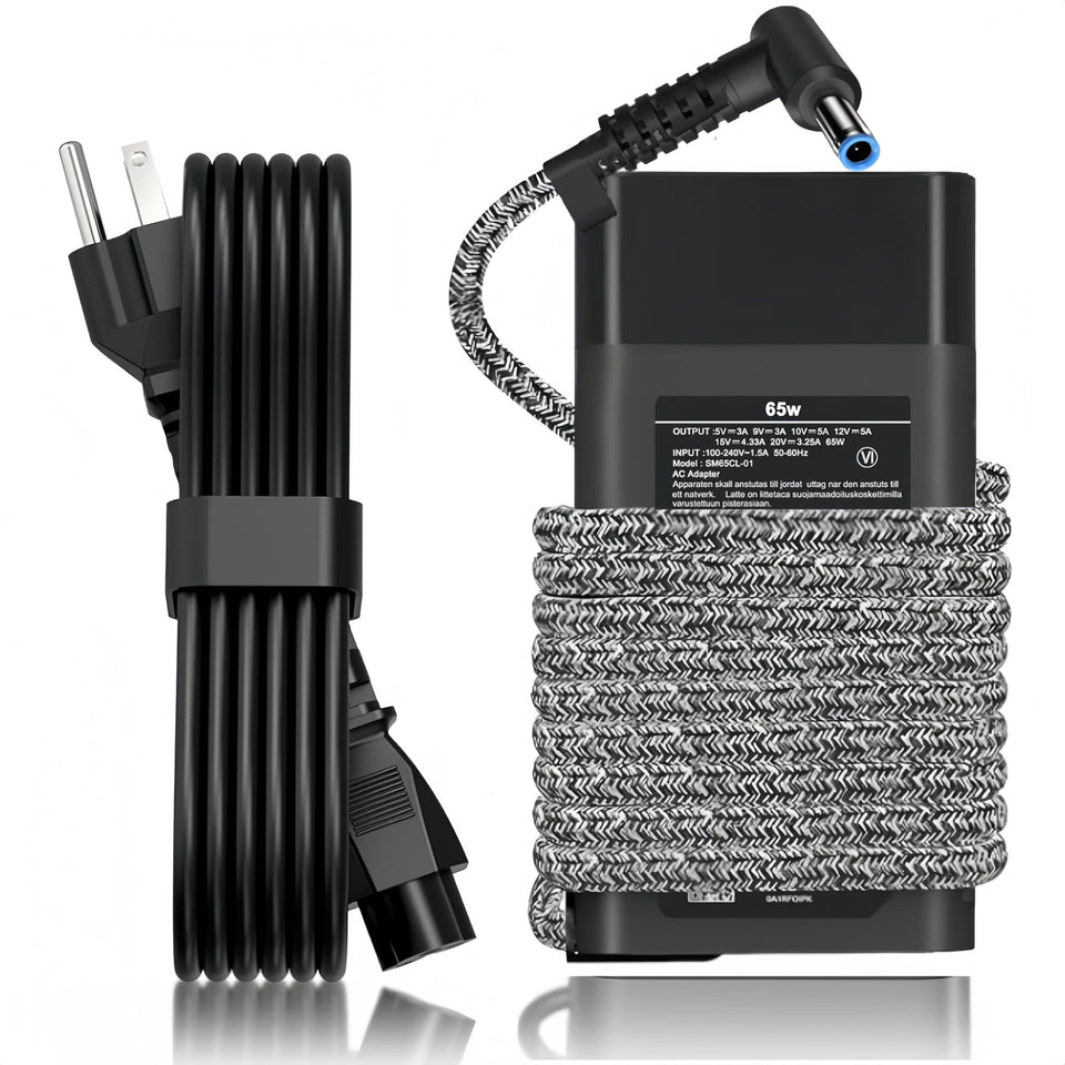 NDWQGFS blue-tip 65W charger powers HP laptops on the go.