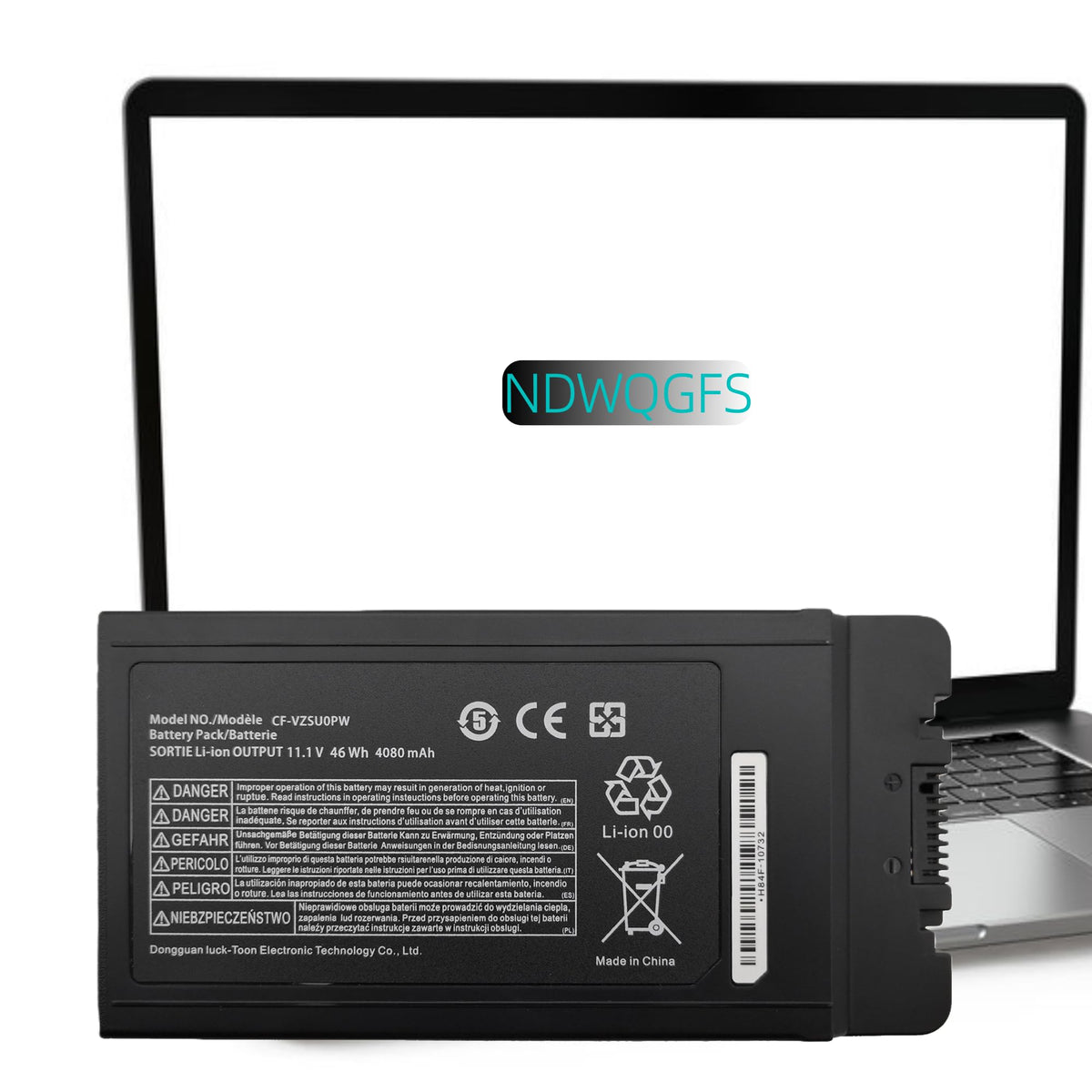 NDWQGFS CF-54 battery front view shows rugged design for all-day Toughbook use