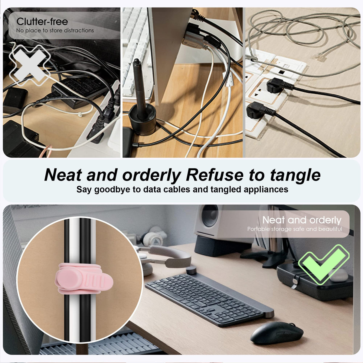 Nearockle pink silicone cable organizer on a desk reduces desk clutter.
