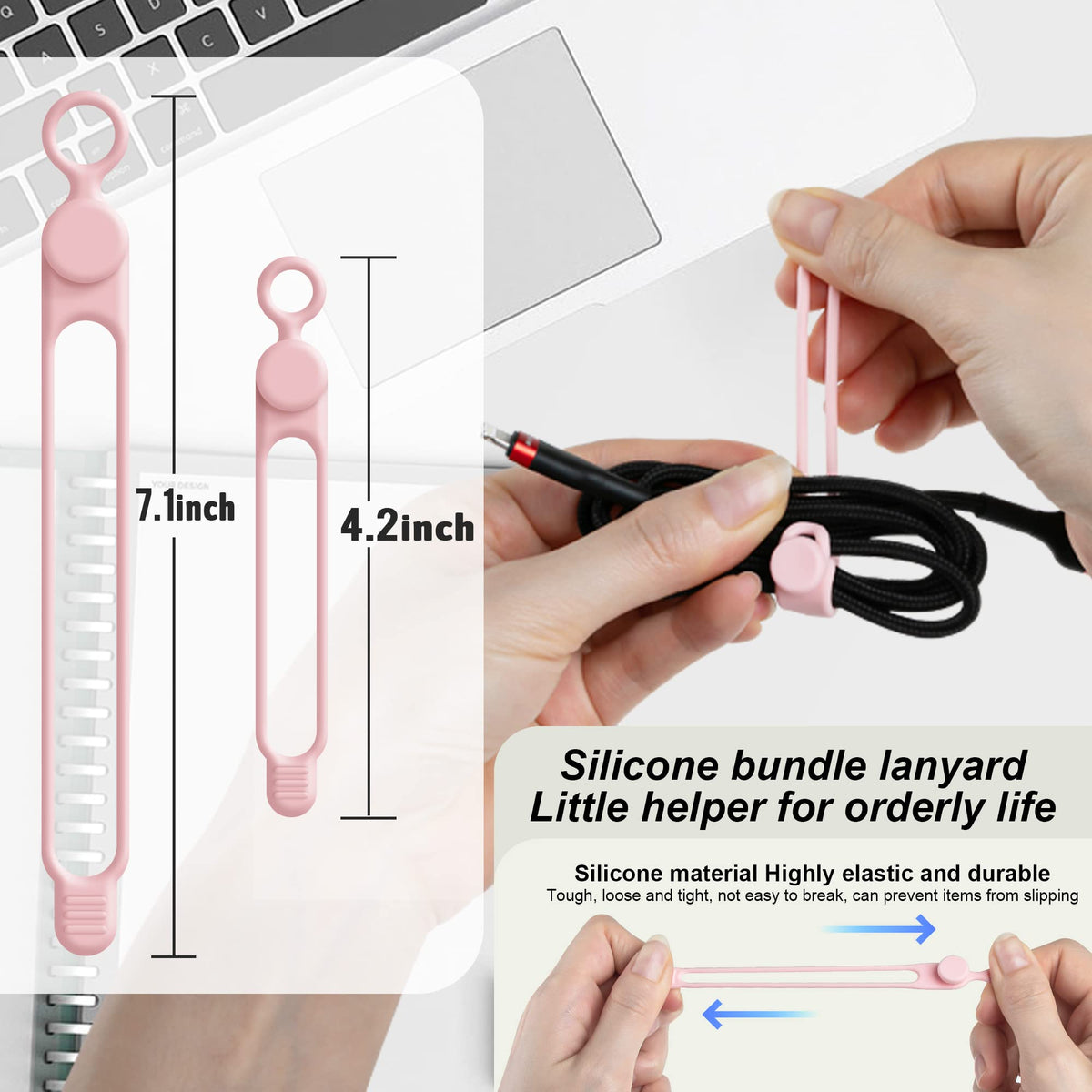 Nearockle 7.1-inch pink silicone cable ties manage thicker cords and power cables.