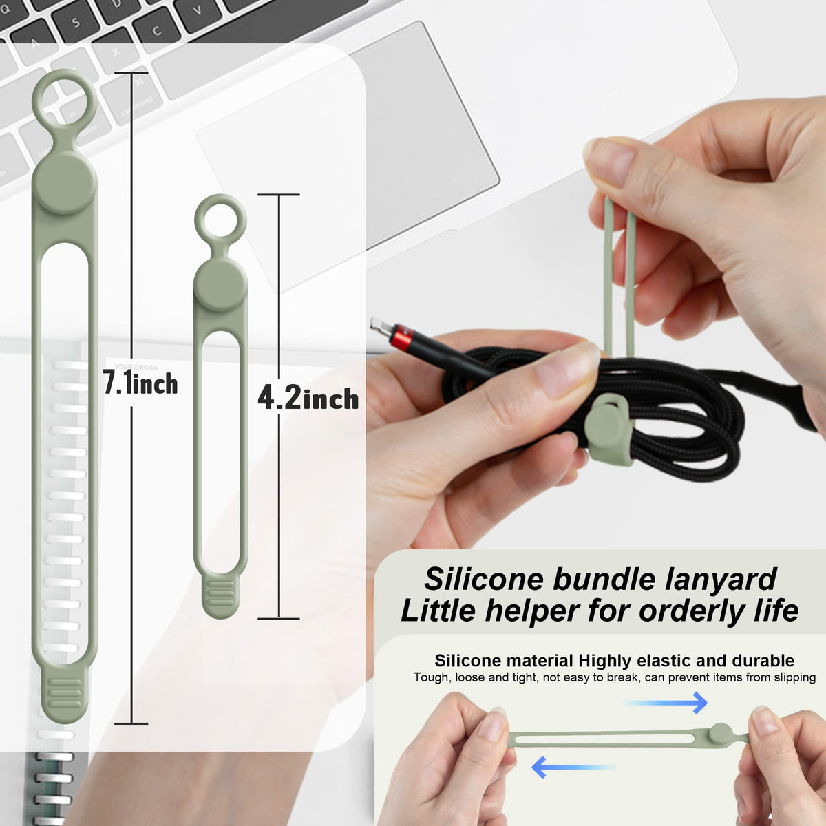 Nearockle silicone cable ties 7.1-inch green managing longer cords behind desks